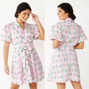 Draper James RSVP Pink Petal Floral Puff Sleeve Belted Dress Size XL